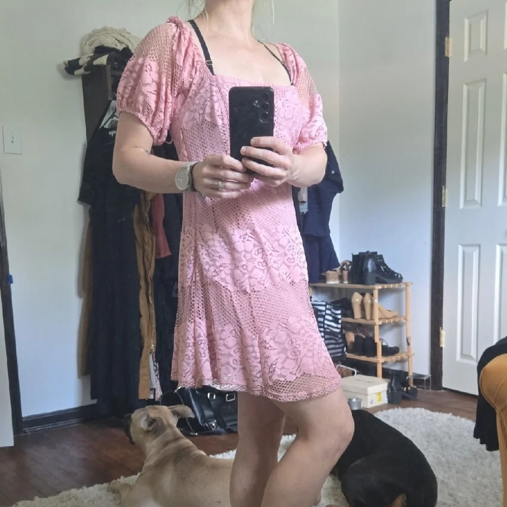 Free People Pink Lace Puff-Sleeve Tunic Dress